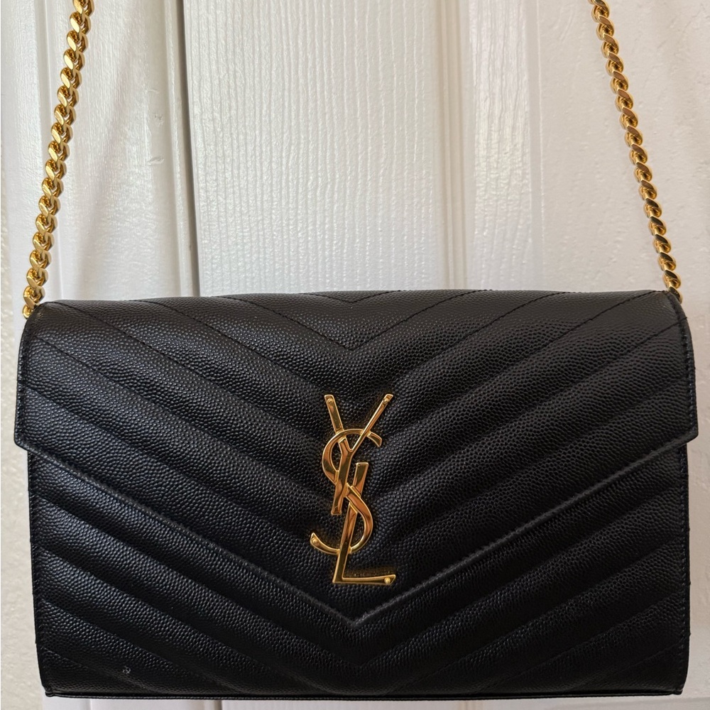Yves Saint Laurent Black Chevron Shoulder Bag with Gold Chain